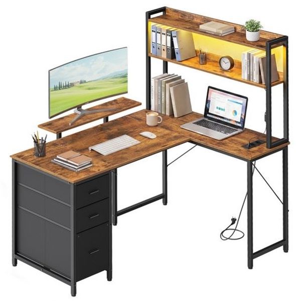VASAGLE L-Form Schreibtisch mit LED-Beleuchtung, Steckdosen und 3 Schubladen, 140 x 100 x 150 cm, Vintagebraun