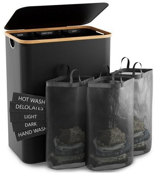 Jumpeak Wäschebox wäschekorb 3 fächer,wäschekorb mit deckel, Mit Deckel,Griffdesign,Faltbar,Sortieretiketten