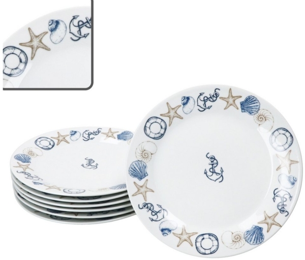 MamboCat Frühstücksteller Neptun 6er Set Kuchenteller Porzellan Dessert-Teller maritim Anker
