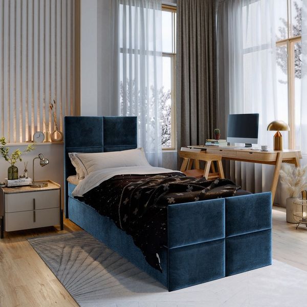 Masseno Boxbett ARIEL 100x200 cm mit Bonell Matratze und Topper, Einzelbett, Jugendbett, Polsterbett mit Kopfteil, Boxspringbett