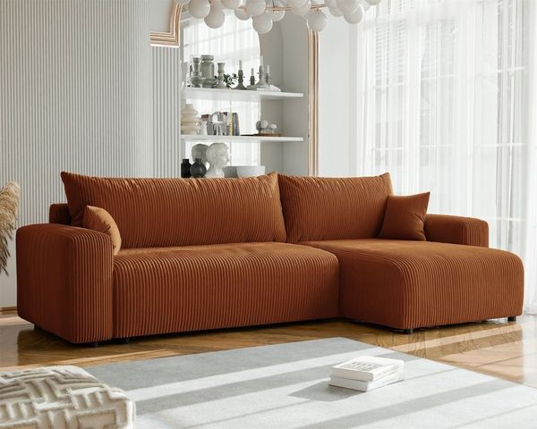 Ecksofa mit Schlaffunktion LUNA MAX in Stoff Poso Rostbraun Ottomane Rechts