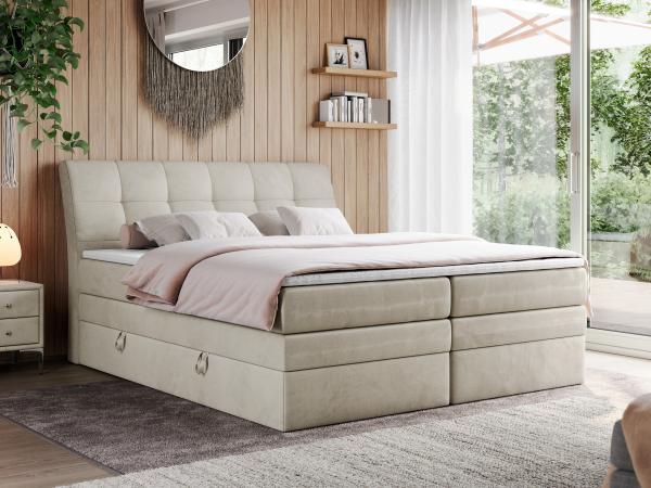 Boxspringbett, Stauraumbett, Bett mit Multipocket-Matratze und Topper - GOLD-10-KING - 180x200cm - Beige Velours - H3