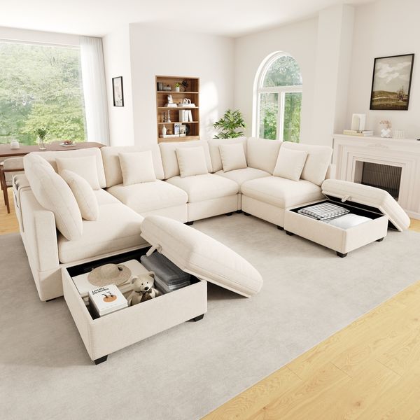 Merax XXL U‑förmiges Ecksofa, 8‑Sitzer Modulsofa mit Schlaffunktion, mit 2 beweglichen Fußhockern, mit Stauraum und Armlehnen‑Seitentaschen, inkl. 6 Dekokissen, Chenille‑ und Waffelstruktur‑Stoff, Beige