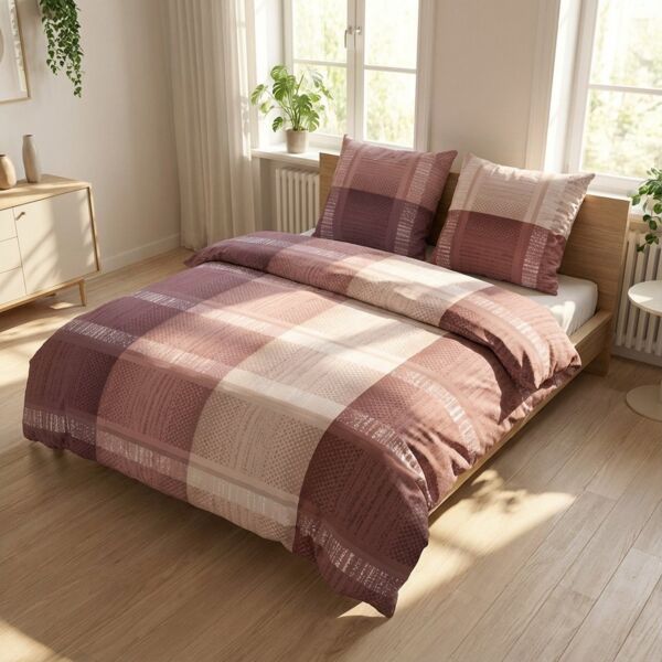 DOBNIG Bettwäsche Flanell, Flanell, 2 teilig, Karo, aubergine, rosa