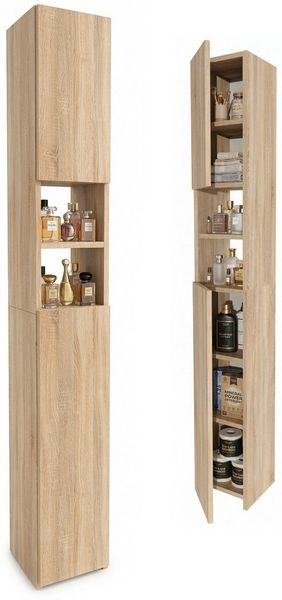 TREND WERK Hochschrank Badschrank schmal stehend B24 x T31 x H172 cm (Schmaler Badezimmerschrank mit Regalfächern & Stauraum) Holzoptik, offene & geschlossene Fächer, Standregal Bad, platzsparend