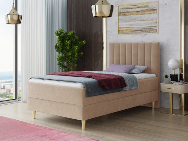 Boxspringbett Gold Mini mit Bettkasten, Bonell-Matratze und Topper - Einzelbett mit Matratzentopper, Polsterbett, Bett, Schlafzimmer, Jugendzimmer, Velours Stoff (Beige (Manila 02), 90 x 200 cm)