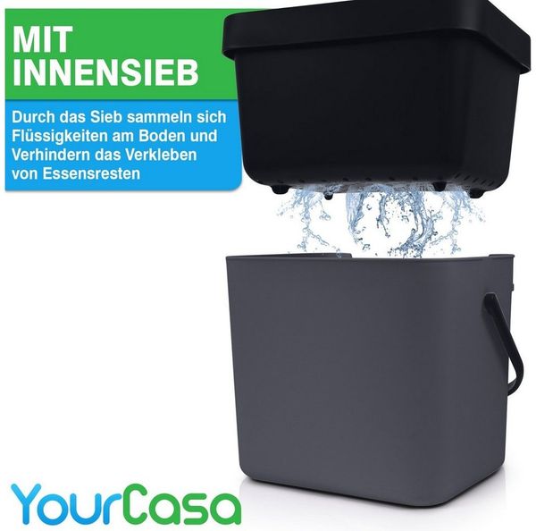 YourCasa Biomülleimer Küche 7L mit Halterung, Sieb und Deckel, 7 Liter, Mit Halterung Bild 3