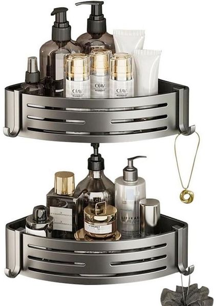 SURFOU Badregal Ecke Duschablage Ohne Bohren 2-Stück Duschregal Badezimmer Organizer, mit 4 Klebeflächen und 4 Haken 2-tlg, Rostfreier Edelstahl, für Bäder Küchen Duschgel (Grau & Schwarz)