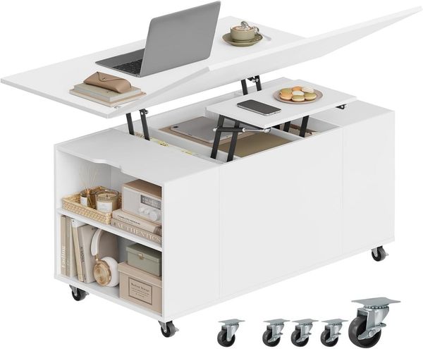 Woltu Couchtisch (1-St), höhenverstellbar mit Rollen, Hebeplatte Schublade