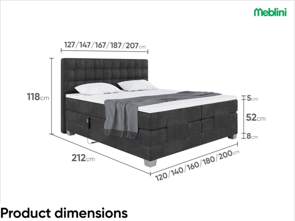 MEBLINI Boxspringbett Elektrisch EDISON 200x200 cm mit Bettkasten - H3/Schwarz Samt Polsterbett - Doppelbett mit Toppers & Taschenfederkern-Matratzen Bild 7