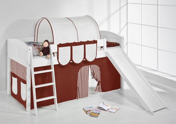 Lilokids 'Jelle' Spielbett 90 x 190 cm, Braun Beige, Kiefer massiv, mit Rutsche und Vorhang