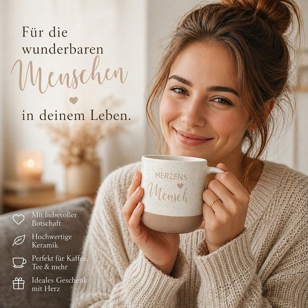 Camolo Tasse Kaffeetasse Herzensmensch aus Steingut - 360 ml Geschenk, Keramik
