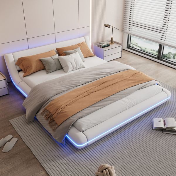 Bodenbett, PU mit LED-Beleuchtung, 160x200 cm, Weiß, ohne Matratze