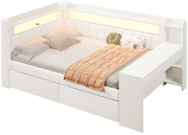 REDOM Kinderbett mit Schubladen (mit LED-Beleuchtung, USB-Anschlüssen & Schreibtisch, 1-tlg, 140x200), mit Schreibtisch und 2 Schubladen