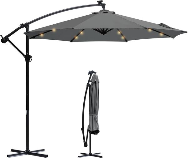 Sekey Ampelschirm mit LED-Beleuchtung, Kreuzständer & Kurbel, UV50+, Aluminium grau, Ø 300 cm