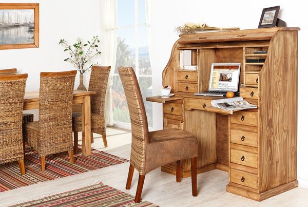 Großer Mexico Sekretär Schreibtisch, Pinie massiv, Landhaus, Homeoffice, Lamellen Rollo