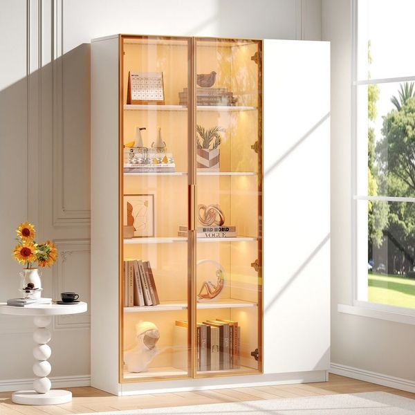 Odikalo Vitrine Vitrineschrank Glasvitrinen mit LED (Höhe 165cm–dreitürige Vitrine mit LED-Beleuchtung, mehrfarbig einstellbar, freistehende Vitrine mit Sicherheitsglas, verstellbaren Einlegeböden und Kippschutz)