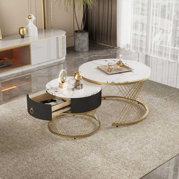Couchtisch 70x70x45 + 50x50x40 cm, MDF in Marmor-Optik mit Goldakzenten, modulare 2er-Komposition, Weiß und Gold