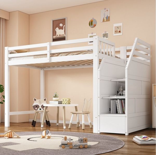 Flieks Hochbett Kinderbett Holzbett 90x200cm mit Ausfallschutz und Stauraumtreppe