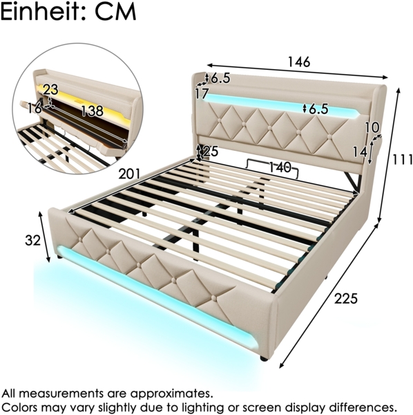 Merax Doppelbett Polsterbett 140*200, Stauraum Kopfteil mit USB und Typ C-Port ,360-Surround-LED-Funktion rund um Kopf- und Fußende des, Betten mit Hydraulisch Stauraum, Beige , Leinen(Ohne Matratze) Bild 4