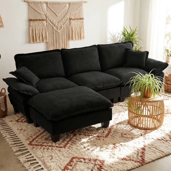 Ecksofa aus Chenille 264x155x90 cm mit beweglicher Ottomane, schwarz