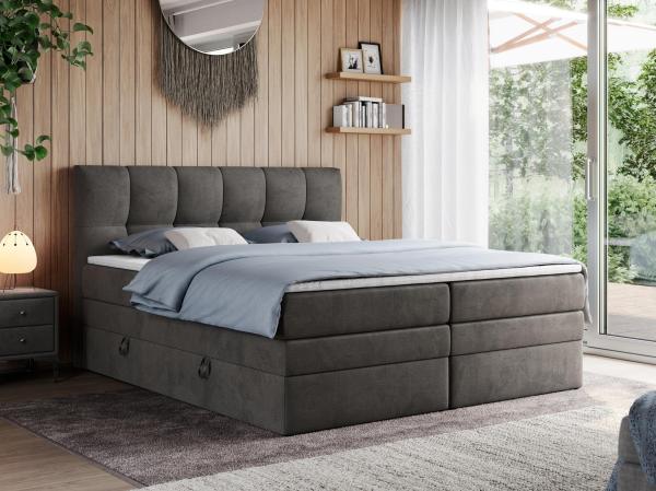 Boxspringbett mit Doppelmatratze - ALVIN-KING Dunkelgrau 180 x 200 cm Velours Hart (H4)