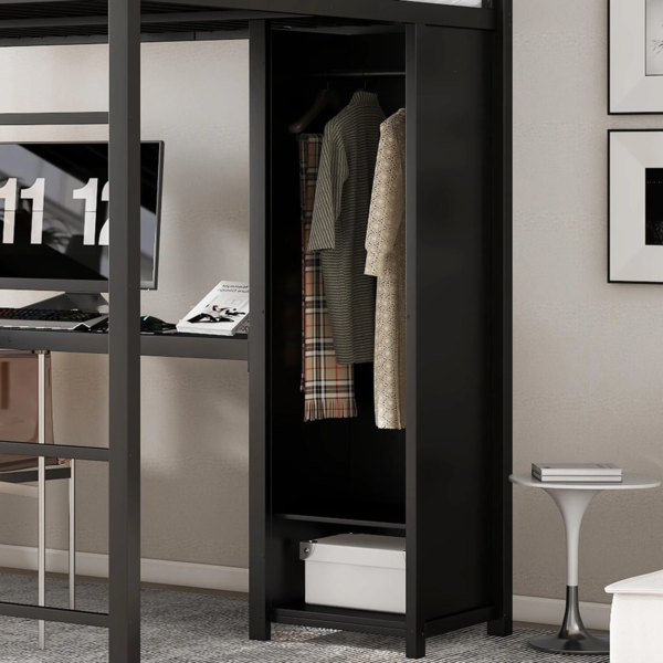 Hochbett mit Schreibtisch, Regal, Leiter und Kleiderschrank, 140x200 cm, Kinderbett mit Rausfallschutz, Metallbett Bild 6