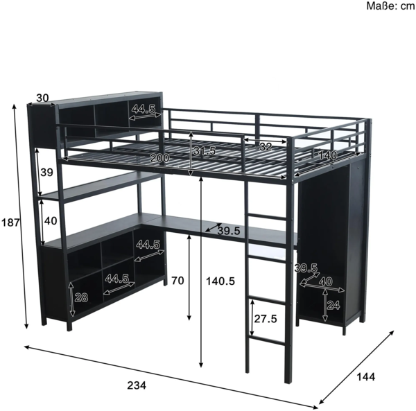 Hochbett mit Schreibtisch, Regal, Leiter und Kleiderschrank, 140x200 cm, Kinderbett mit Rausfallschutz, Metallbett Bild 7