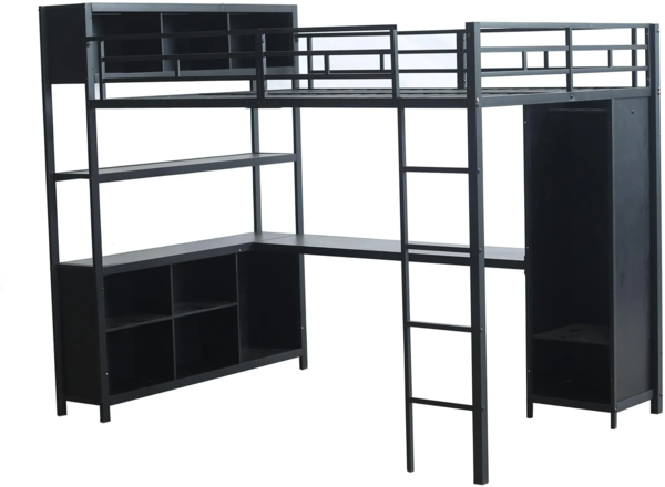 Hochbett mit Schreibtisch, Regal, Leiter und Kleiderschrank, 140x200 cm, Kinderbett mit Rausfallschutz, Metallbett Bild 8