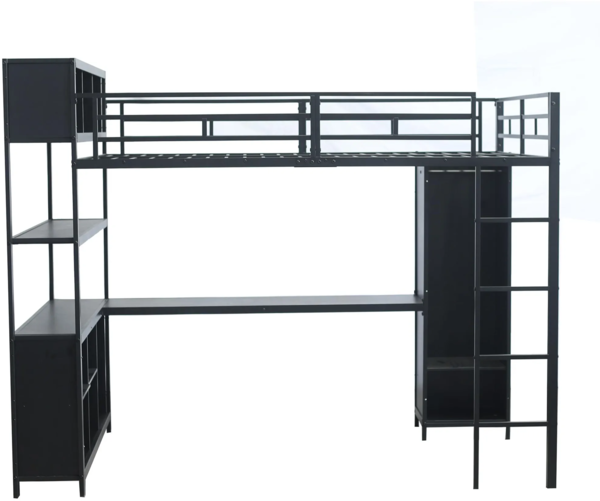 Hochbett mit Schreibtisch, Regal, Leiter und Kleiderschrank, 140x200 cm, Kinderbett mit Rausfallschutz, Metallbett Bild 9
