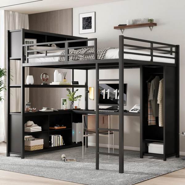 Hochbett mit Schreibtisch, Regal, Leiter und Kleiderschrank, 140x200 cm, Kinderbett mit Rausfallschutz, Metallbett Bild 1