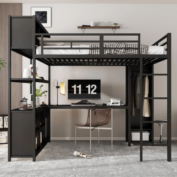 Hochbett mit Schreibtisch, Regal, Leiter und Kleiderschrank, 140x200 cm, Kinderbett mit Rausfallschutz, Metallbett Bild 2