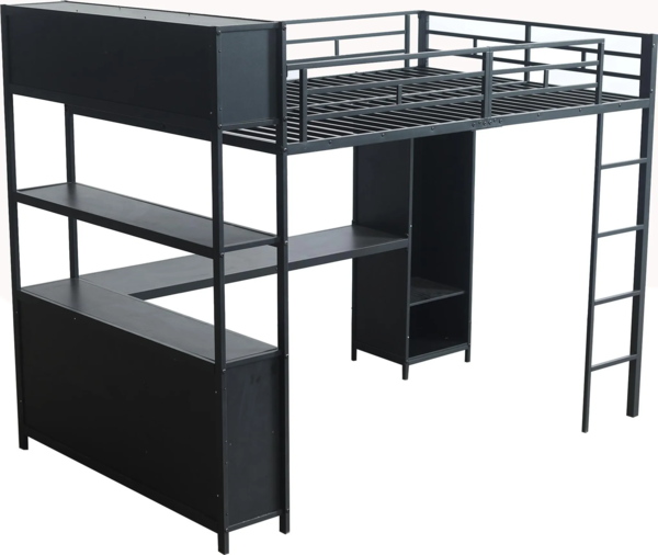 Hochbett mit Schreibtisch, Regal, Leiter und Kleiderschrank, 140x200 cm, Kinderbett mit Rausfallschutz, Metallbett Bild 10