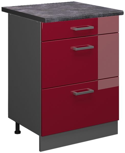 Küchenunterschrank R-Line Rot Hochglanz 60 cm mit Schubladen, AP Anthrazit Vicco
