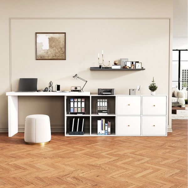 Flieks Schreibtisch 360° drehbar Bürotisch mit 4 Schubladen und 4 Fächern (Tischlänge 120xT48xH78 cm/Schranklänge 140xT35 cm, 2-St, 1 Tisch schwenkbar), Computertisch Eckschreibtisch L-förmiger Arbeitstisch mit Kommode weiß