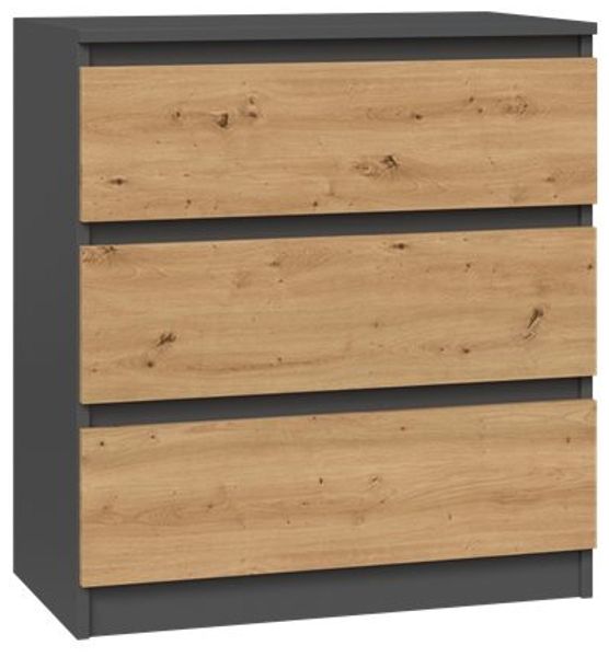 ibonto NACHTKOMMODE ANTHRAZIT / ARTISAN EICHE mit 3 Schubladen (H 70 x T 75 x B 40 cm)