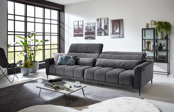 Big-Sofa >Wolve< 2x elektr. Verstellung, Kissen, Cord dunkelgrau - 280x108x118cm BxHxT