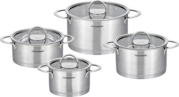 Hanseatic Topf-Set hanseatic, Edelstahl 18/10 (Set, 8-tlg, je 1 Fleischtopf 16/20/24 cm, Bratentopf 20 cm), handfreundliche Kaltmetallgriffe, Literskala, Glasdeckel, Induktion