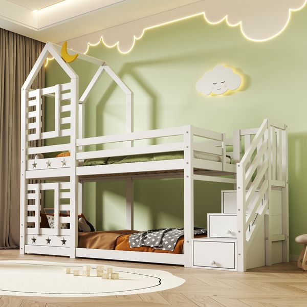 Etagenbett 90x200 cm mit Treppe und Stauraum, Sterne & Monde Design, Hausrahmen, Kiefer-Massivholz, Weiß, Kinderbett