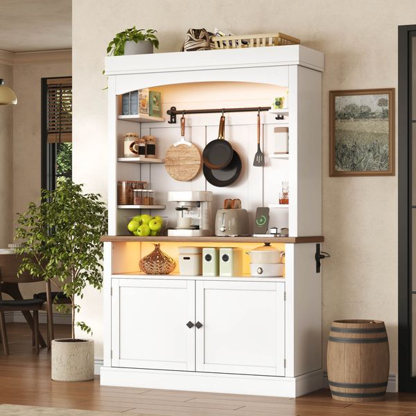 Merax 183 cm Küchenschrank mit LED-Beleuchtung und Steckdose, Vorratsschrank, Vitrinenschrank und Weinschrank mit Haken, Weiß