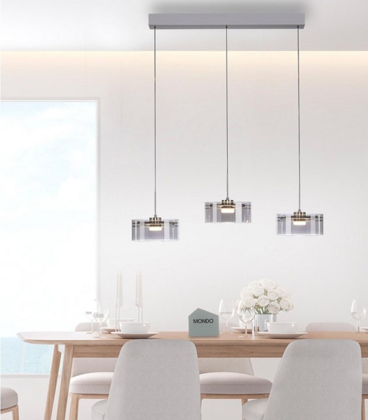 MONDO LED Pendelleuchte KARENA, 3-flammig, Rauchfarben, Stahlgrau, Metall, Höhenverstellbar, LED fest integriert, Extra-Warmweiß, Rauchglas, B 74 x H 180 x T 18 cm