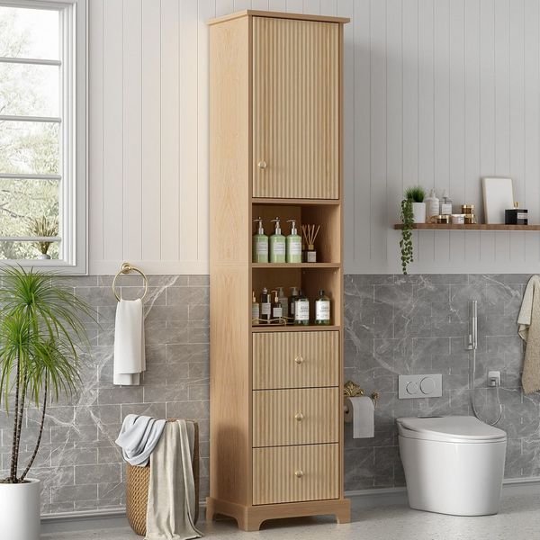 Flieks Badkommode Hochschrank mit 3 Schubladen, 4 Fächern und verstellbare Einlegeböden (Mehrzweckschrank Holzoptik in Lanhausstil mit Metallgriffen, 1 St, B40/T30/H172 cm), Badezimmerschrank feuchtigkeitsbeständiger Holzschrank aus MDF Natur