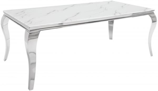 Casa Padrino Designer Esstisch Weiß / Grau / Silber 200 x 105 x H. 75 cm - Rechteckiger Edelstahl Küchentisch mit digitalbedrucktem Sicherheitsglas in Marmoroptik - Moderne Barock Möbel