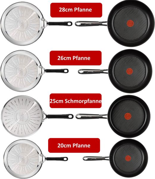 Tefal 'Jamie Oliver' Pfannenset mit Deckel, Edelstahl silber, Ø20 cm, Ø25 cm, Ø26 cm & Ø28 cm