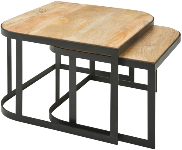 Couchtisch 2er Set Mango Massivholz / Metall Wohnzimmertisch Hell, Industrial Satztisch Beistelltisch Metallbeine Schwarz, Tischset 2-teilig Satztisch Holz