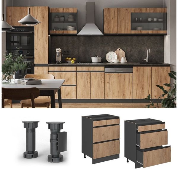 Küchenunterschrank R-Line Goldkraft Eiche 60 cm J-Shape, mit Schubladen, ohne Arbeitsplatte Vicco Bild 2