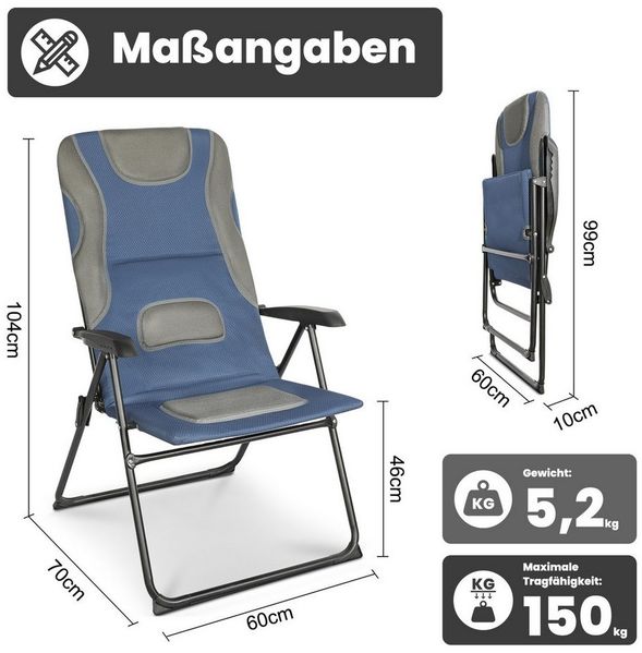 HOMECALL Campingstuhl Hochlehner Gartenstuhl Klappstühle Gepolstert Faltstuhl Balkonstuhl (Belastbar 150KG, mit 5-Fach Verstellbare lehne, 2 St)