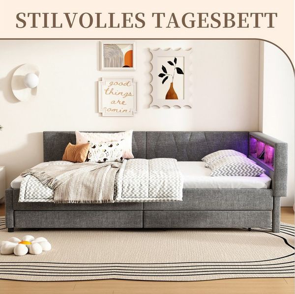 SeedWave Daybett Polsterbett mit Schubladen, Leinenbezug, LED-Beleuchtung, Ladefunktion, 140x200cm Stauraumbett mit Schubladen und Regalfächern