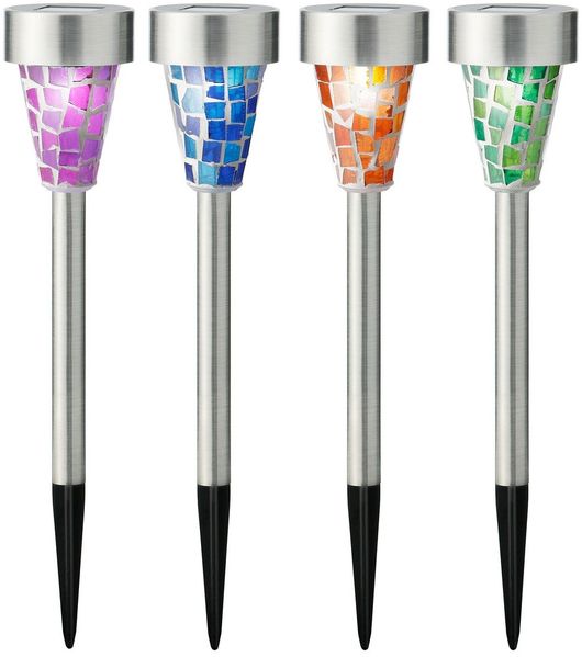 Lumineo LED Solarleuchte, Dauerlicht, kaltweiß, LED Solar Außenleuchten Mosaik 28cm Edelstahl 4er Set Kaltweiß
