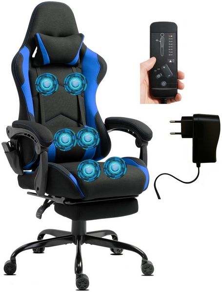 Delman Gaming-Stuhl, ergonomischer Bürostuhl mit 6-Punkt-Massagefunktion, Fußstütze und atmungsaktivem Stoffbezug, Blau